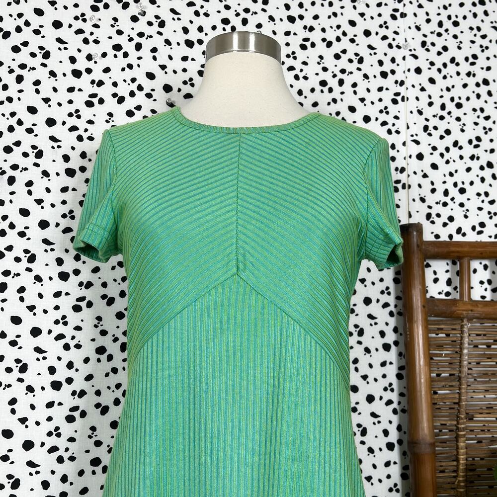 Vintage | 90s Possessed Blue Green Ribbed Striped Short Sleeve Mini Baby Dress S - Picture 3 of 7